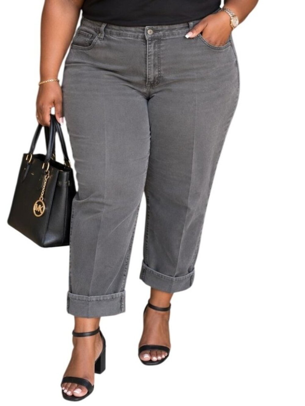 Faded Glory Plus Size 18W Capri Pants Charcoal Gray Stretch Rolled Cuff Retro